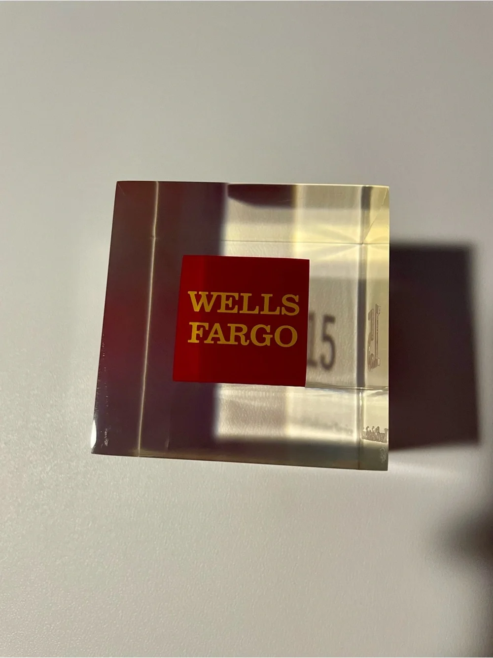 Wells Fargo 15 Years Service Anniversary Award Clear Lucite Cube Paperweight